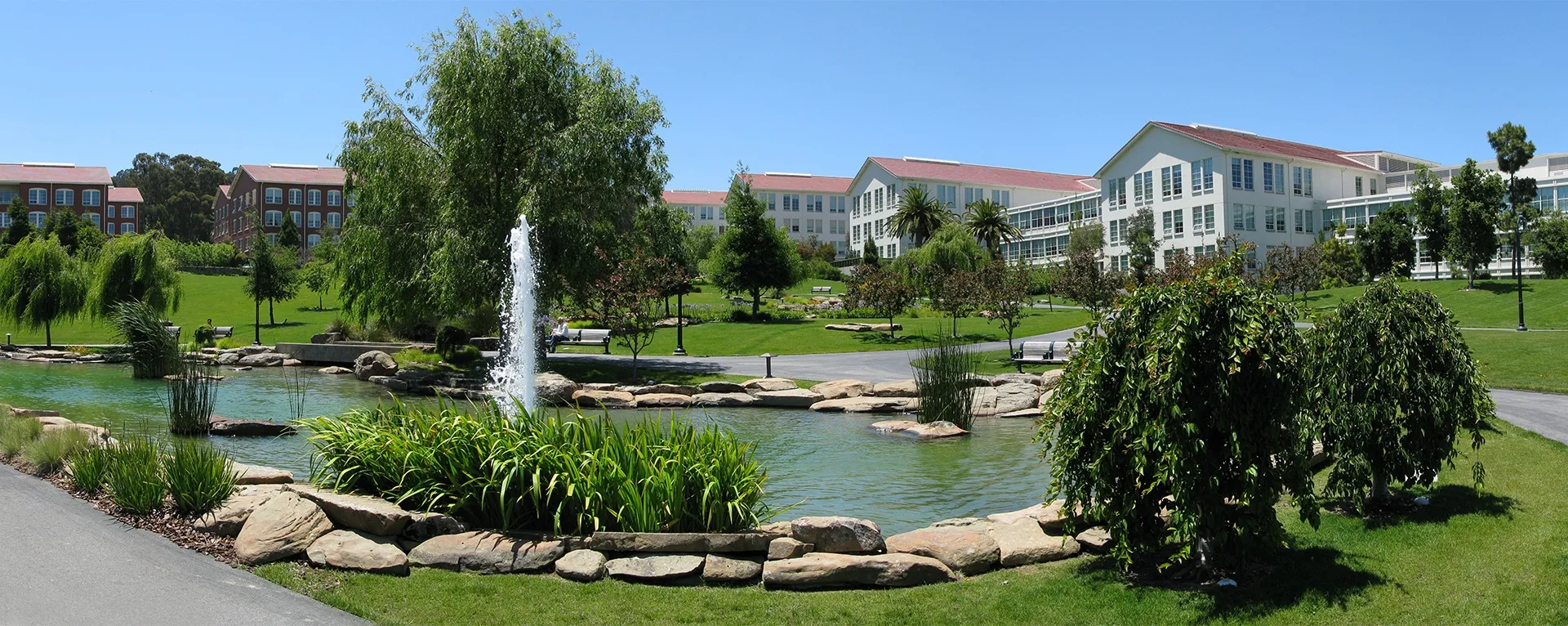 The pond and fountain outside Village's office at Letterman in San Francisco